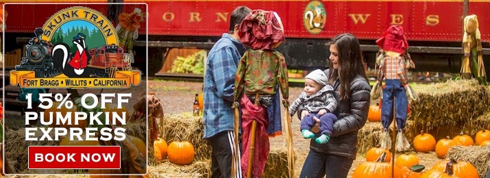 Skunk Train's Pumpkin Express. Save 15% with Coupon Code